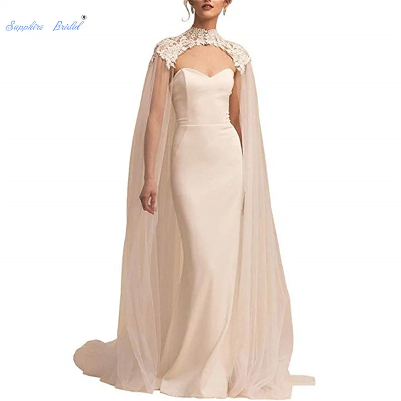 

Sapphire Bridal 2019 Women's White Cathedral Length Lace Tulle Wedding Capes High Neck Wedding Bridal Wraps Cape Cloak Veils