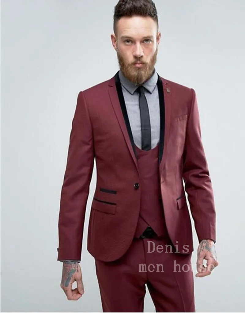 2017 Custom Made Groom Tuxedo Wine red men Suit Notched Lapel man