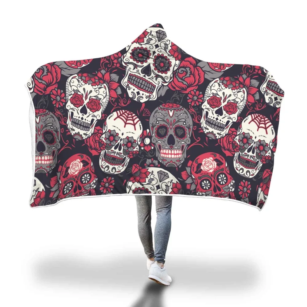 

Velvet Plush Warm Hooded Blanket for Adults Red Sugar Skull Printed Floral Sherpa Throw Blanket Gothic Microfiber 150cmx200cm