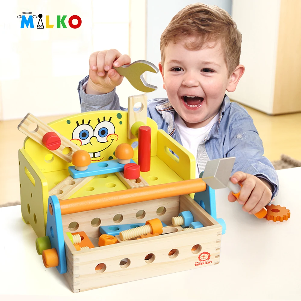 

Cartoon Sponge Baby Wooden Models Building Blocks Kits Toy Kids Early Bricks Learning Educational Toys For Children DIY Adult