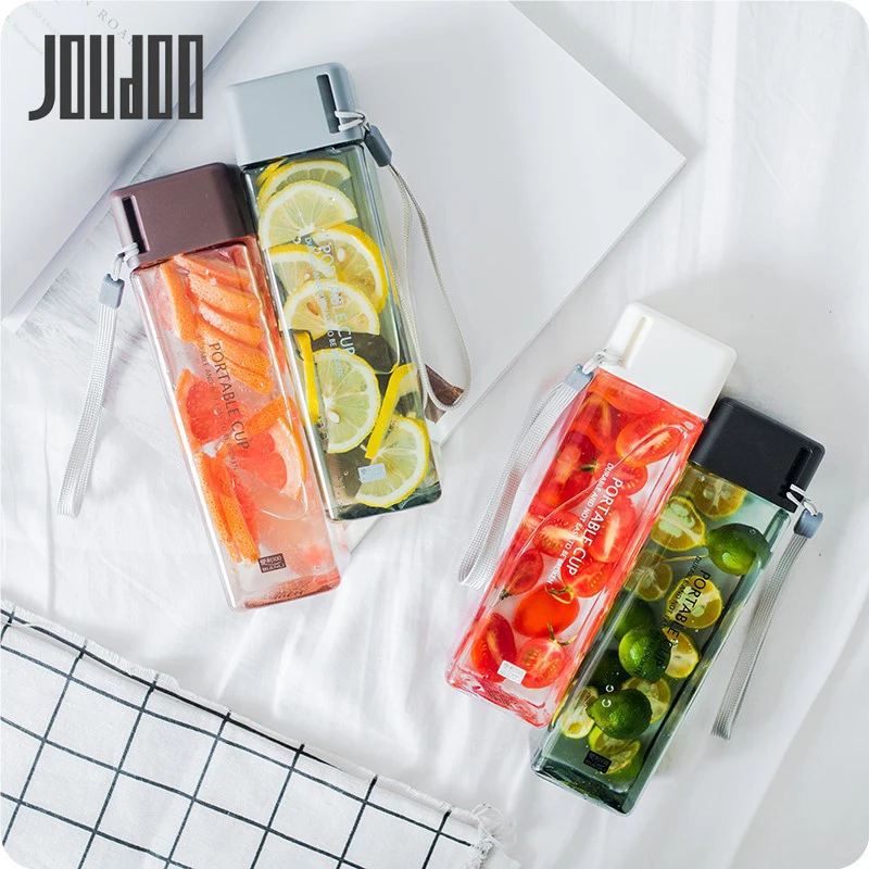 

JOUDOO 470ML Square Simple High Quality Drop-resistant Plastic Transparent Leak Proof With Rope Water Bottle 35