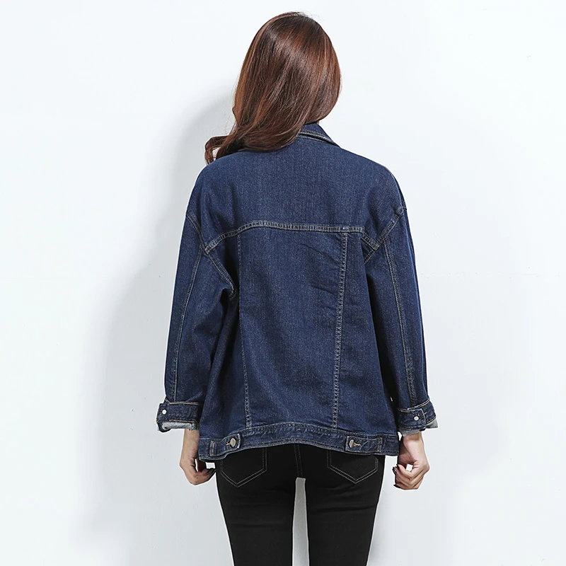 LEIJIJEANS 2018 Spring Plus Size Solid Vintage Blue Turn Down Collar Full Sleeves Standard Outwear Loose Women Denim Jacket 5630