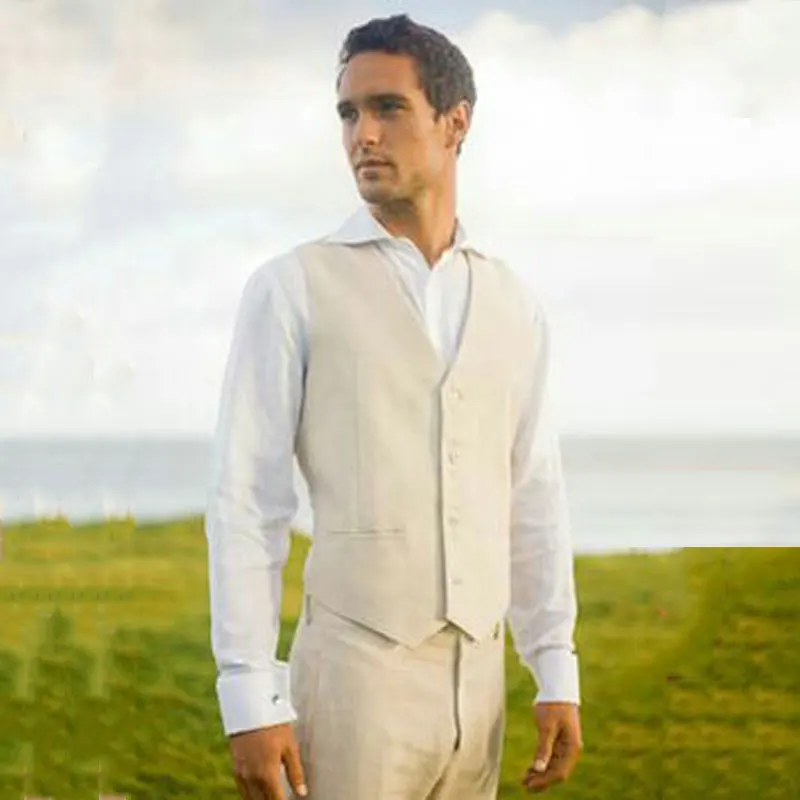 

Latest Design Ivory Linen Men Suits for Wedding Groom Tuxedo 2Piece Vest Pants Slim Fit Terno Masculino Costume Homme Man Blazer