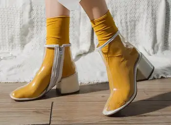 

Female Pumps High Heel PVC Transparent Clear Ankle Boots Summer Waterproof Boots women's thick with high heels shoes