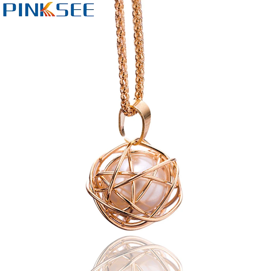 

Handmade Cage Simulated Pearl Pendant Necklace New Fashion Girls Birthday Jewelry Alloy Twisted Chain Necklace For Women Gift