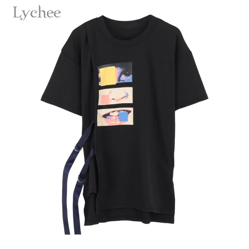 Летняя женская футболка Lychee в стиле Харадзюку, Повседневная Свободная футболка с коротким рукавом и принтом рта на завязках, футболка