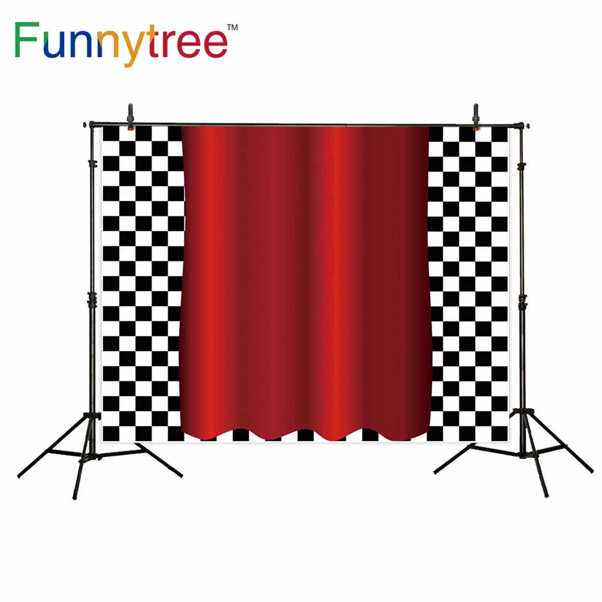

Funnytree backdrop for photographic studio Red curtain Racing sports Checkered birthday background photobooth photocall prop