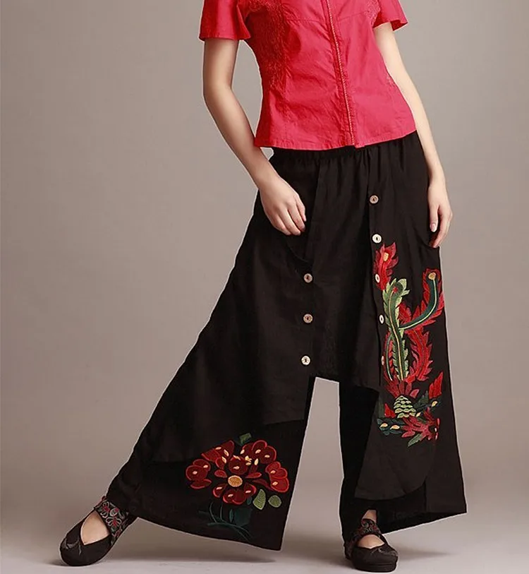 Лидер продаж винтажные 70s этнические широкие брюки для женщин осень весна китайский стиль зеленый черный красный брюки