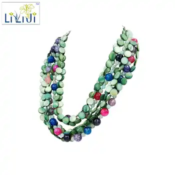 Lii Ji Green Color Shell,Color Agate,Jade Toggle Clasp ,7-strands Necklace about 50cm