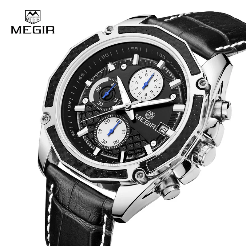 MEGIR Quartz Male Watches Genuine Leather Strap Watches Quartz watch ...