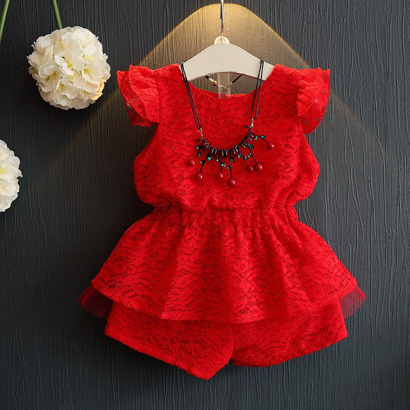 

High quality 2017 new fashion red lace solid children clothing kid baby girl dress suit girl clothing set for 2-6 years