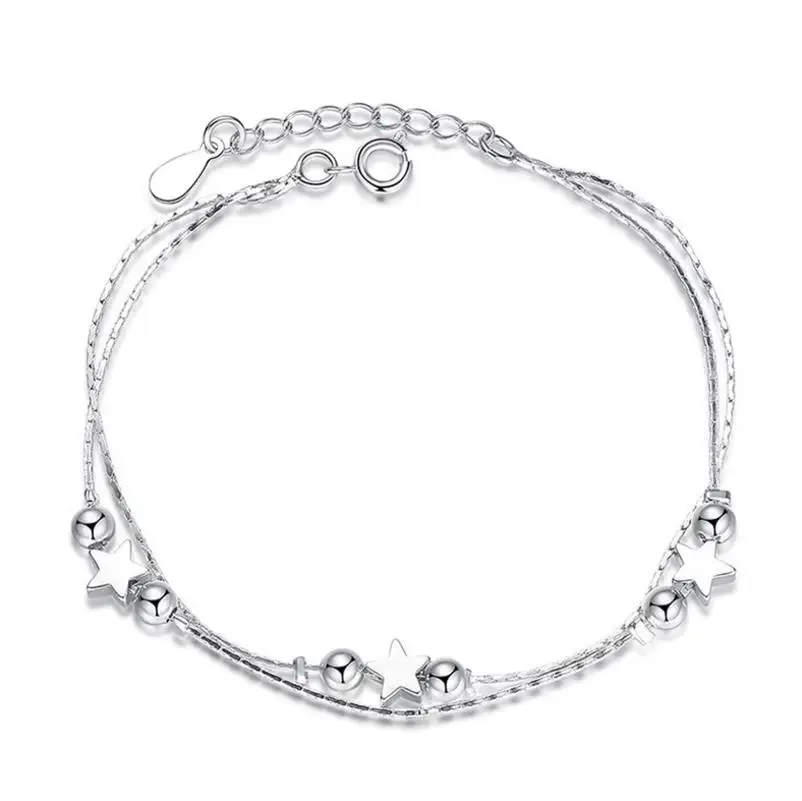 

TB0 Real 925 Sterling Silver Star Heart Bracelets & Bangles for Women Jewelry Two Layer Chain Link Bracelet