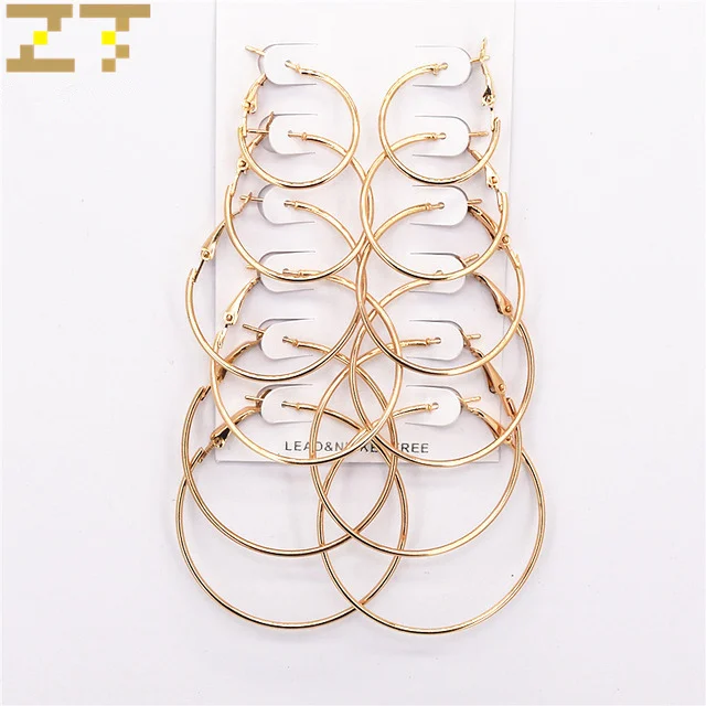 

Hot Fashion Wholesale Price 6 pairs/set Small Big Gold Color Round Statement Hoop Earring for Women Street Dance Jewelry Brinco