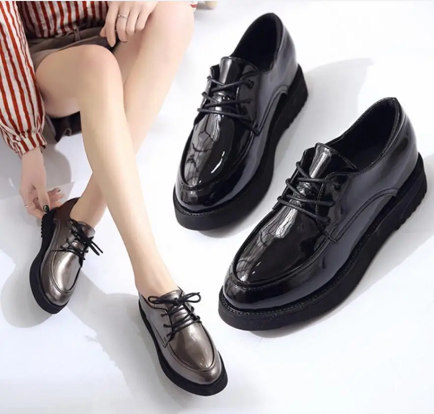 Creepers Nueva Plana Plataforma De Primavera Cuero black Mujer Las Desgaste Vintage Zapatos Gun Mujeres Casual Encaje Color TXqzPxAqpn
