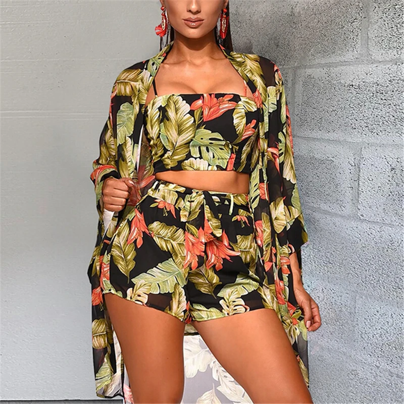 

Women Clothes Set 3Pcs Sexy Floral Crop Top Short Pants Coat Casual Ladies Sets Women Sets Clothes Outfits Casual Woman Suit Set