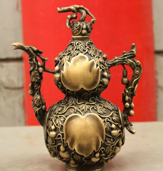 

006732 FengShui China Bronze Copper Longevity Gourd Statue Teapot Wine Pot Model Set