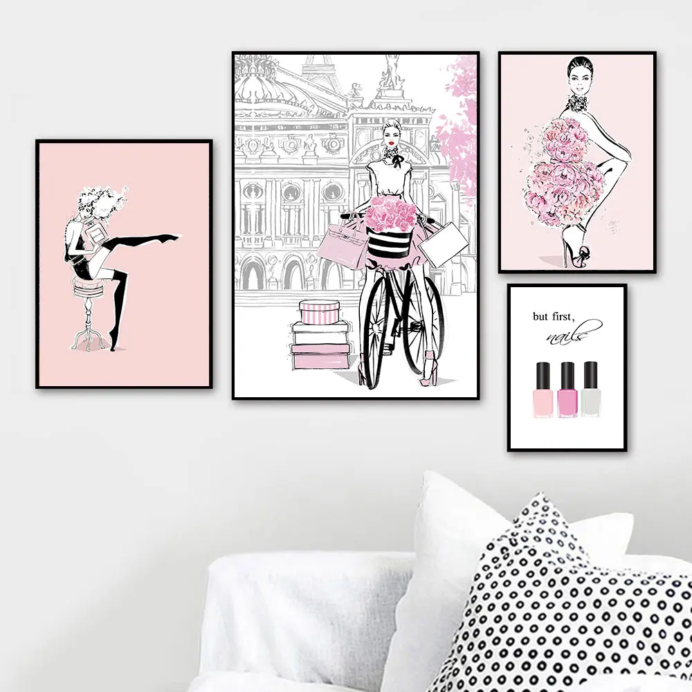 

Fashion Girl Wall Art Canvas Painting Vogue Poster Pink Dress Prints Nordic Style Decoration Pictures Room Decor Metal Frame