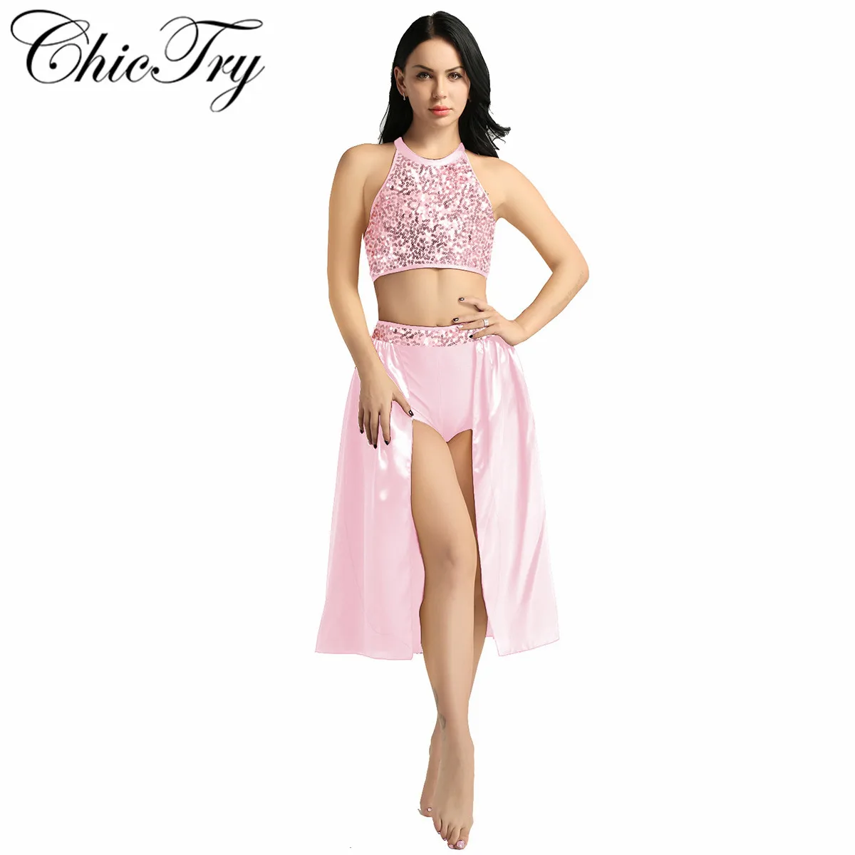 

Sequins Women Ballet Dance Dress Crop with Skirt for Ballet, Lyrical and Contemporary Dance Costume Sequined Performance Dress