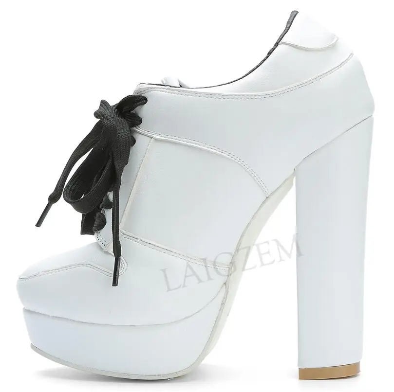 LAIGZEM/очень красивые женские ботильоны ботинки на толстом каблуке со шнуровкой Женская обувь г. Большие размеры 34-47 - Цвет: LGZ670 White