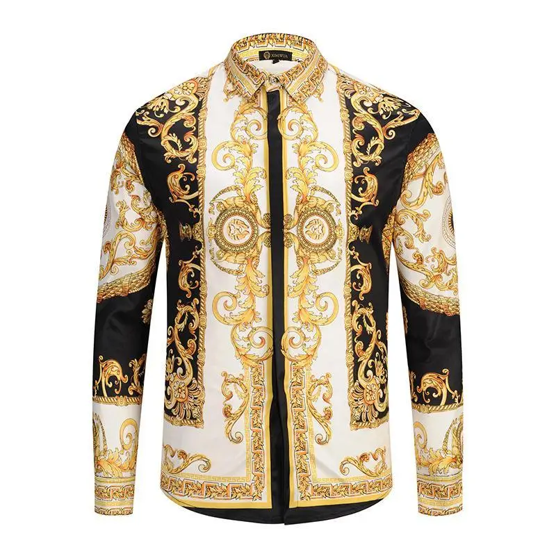

Men Shirts 3D Floral Print Shirt for Man Long Sleeve Tops Golden Hawaiian Masculina Chemise Homme 2019 Men Clothing PB187