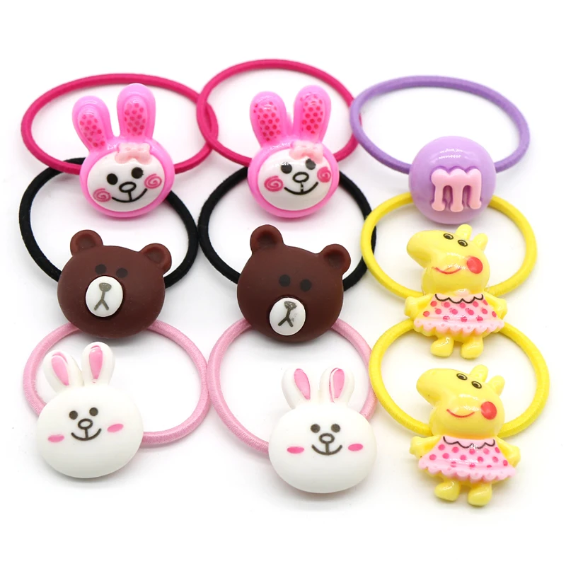 

10pc Kid's Cartoon Elastic Hair Bands Hair Tie Gum For Girls Resin Rabbit Bunny Bear Head Rubber Bands Children Hair Accessories