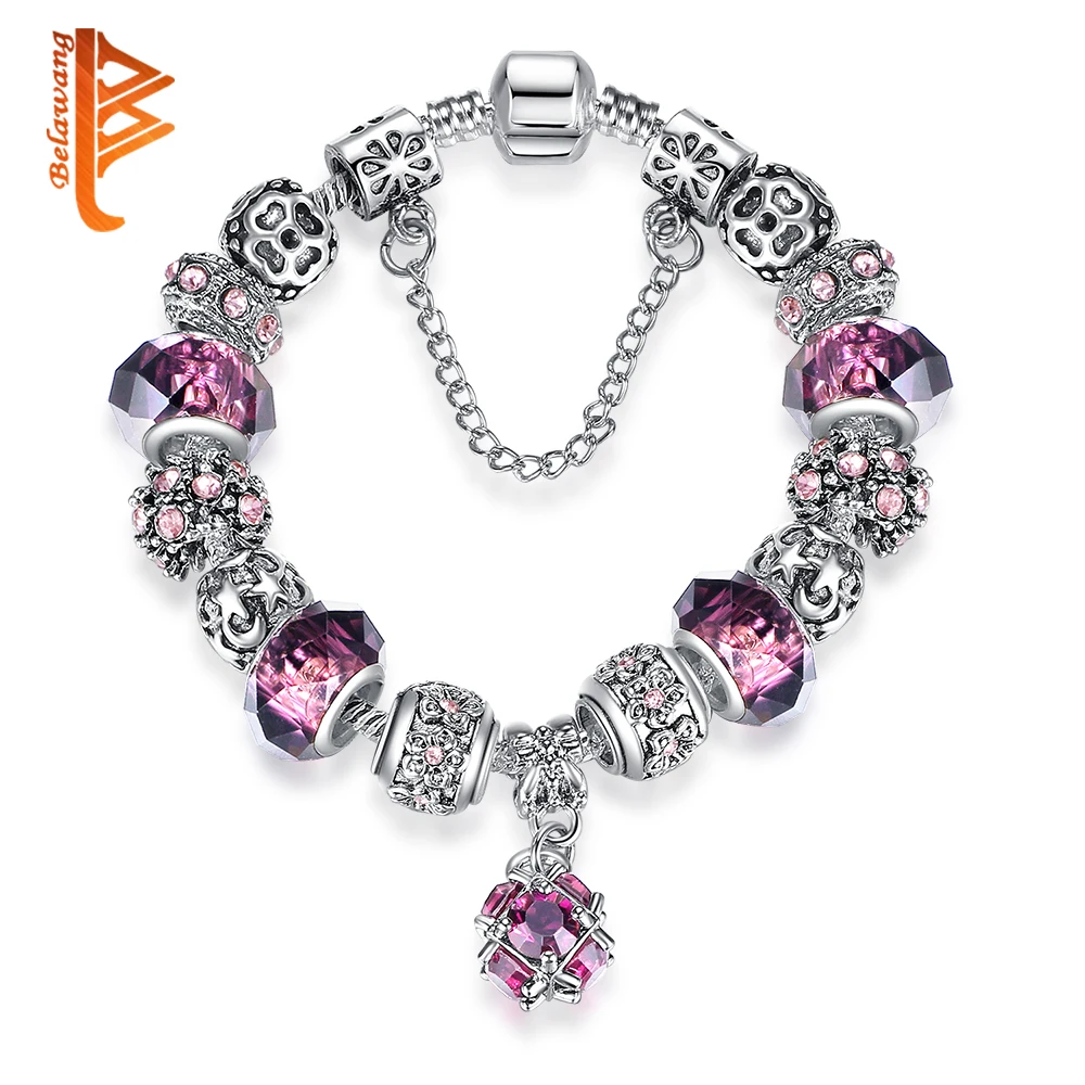 European 925 Antique Silver Beads font b Bracelet b font With Purple Murano Glass Pendant Charm