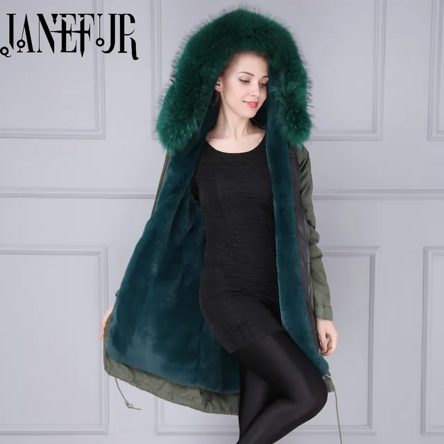 Cheap Wholesales Parka Fur Khaki Green Thick Parkas Plus Size Faux Fur inside Real Raccoon Fur Collar Hooded Winter Fur Parka Women