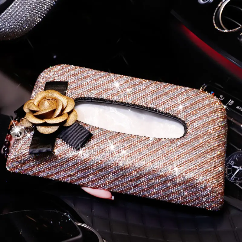 Полосатый автомобиль коробка ткани Diamond Crystal Авто роскошные ткани держатель Блок-коробка ткани типа стайлинга автомобилей камелии Diamante Обложка - Название цвета: golden box