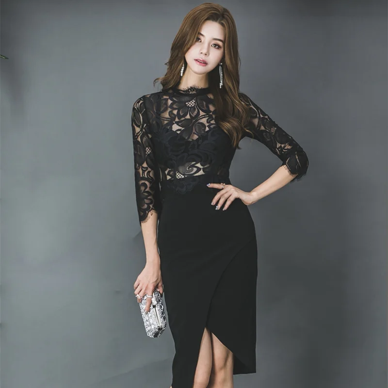 Aliexpress.com : Buy 2018 Autumn 3/4 Sleeve Lace Patchwork See Through ...