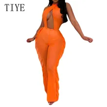 TIYE Sexy Open Back Hollow Out Halter Bodycon Jumpsuits Elegant See Through Ruffle Playsuits Summer Women Combinaison Femme TIYE Sexy Open Back Hollow Out Halter Bodycon Jumpsuits Elegant See Through Ruffle Playsuits Summer Women Combinaison Femme