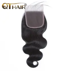 QThair перуанский средства ухода за кожей волна синтетическое закрытие шнурка волос три части 4 ''x 4'' парик из волос Реми натуральный цвет 100%