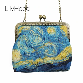 

LilyHood 2020 Female Canvas Starry Night Printing Frame Shoulder Bags Retro Old Inspired Vincent van Gogh Artist Crossbody Bags