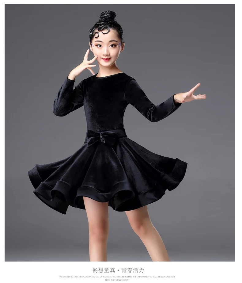 Вельветовое платье с длинными рукавами для латинских танцев для детей, для девочек, для соревнований, бальных танцев, для детей, для танго, сальсы, танцевальная одежда, одежда для занятий ча-ча - Цвет: black