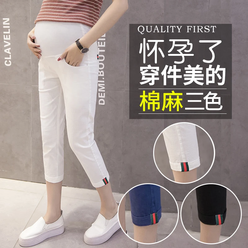 

3037# Summer Fashion Maternity Skinny Pants Elastic Waist Belly Pencil Capris Clothes for Pregnant Women Thin Linen Pregnancy