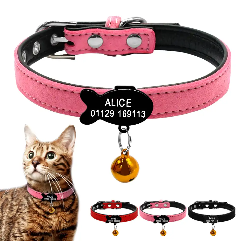 Collier De Chat Personnalise En Cuir Avec Gravure Gratuite Nom Et Numero De Telephone Graves Accessoires Avec Clochette