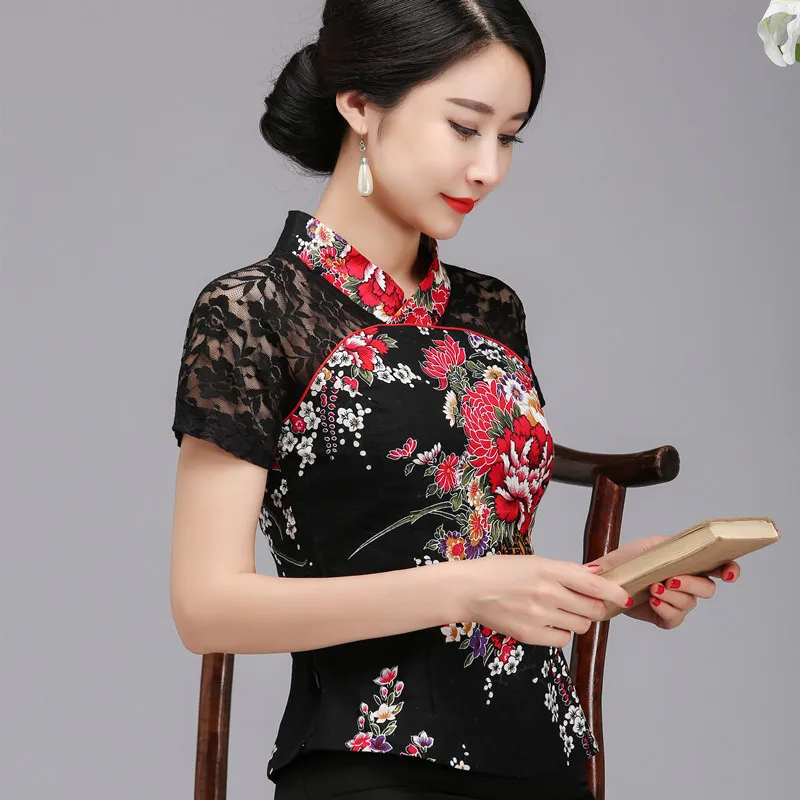 Хлопковый и льняной костюм Tang с v-образным вырезом, топы, Ретро стиль, тонкая одежда в китайском национальном стиле, газовая Лоскутная блуза с коротким рукавом, 5XL 6XL - Цвет: Blackpeony
