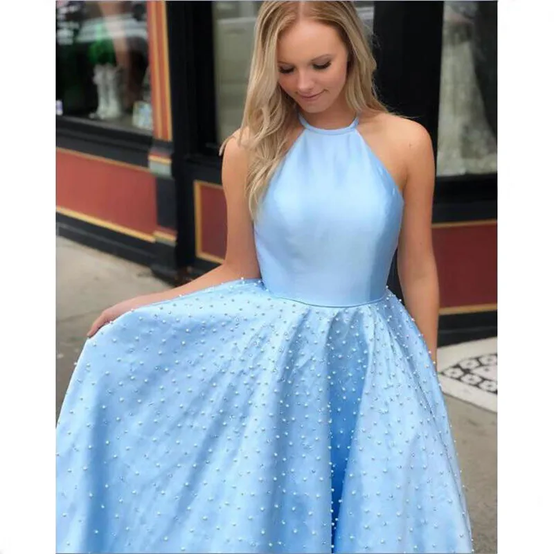 

Elegant Sky Blue Yellow A line Prom Gowns 2019 Abendkleider Evening Party Dresses Long Halter-Neck Elastic Satin With Pearls