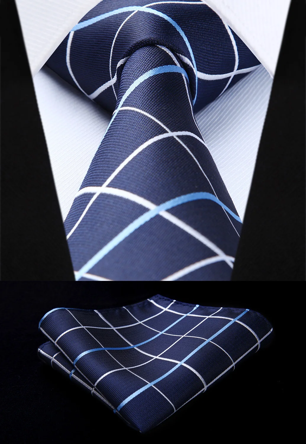 

Woven Classic Men Tie Necktie TC911V8S Plaid Navy Blue White Check 3.4" Silk Tie Party Wedding Handkerchief Set