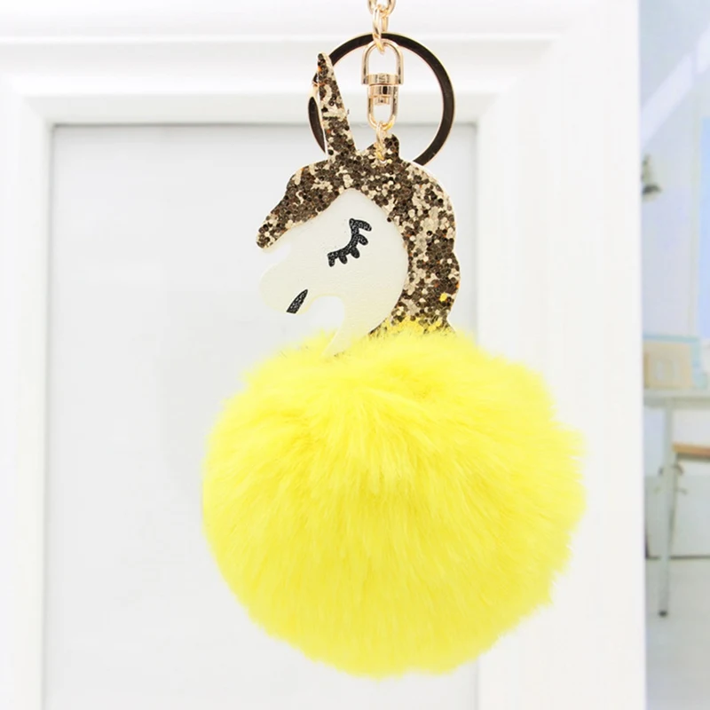 Unicorn pompom Keychain Colorful Fake Rabbit fur ball Fluffy licorne Key Chain Horse porte clef Bag Car Keyring
