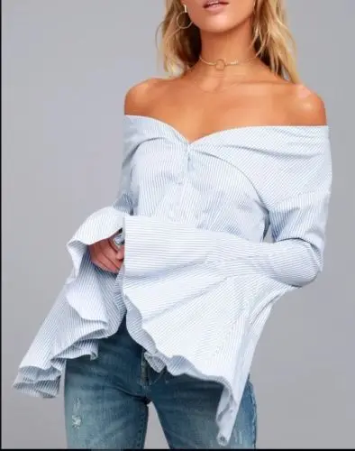 

Hot Sexy Women's Off Shoulder Blouses 2017 Casual Shirts Tops Long Butterfly Sleeve Shirt Striped Loose Shirt Fashion Streetwear