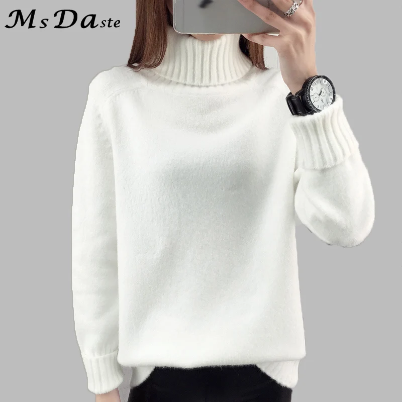 

Autumn 2019 Women Sweaters Pullovers Knitted Turtleneck Sweater Poncho Female Tops Pull Femme White Beige Green Black Gray Brown