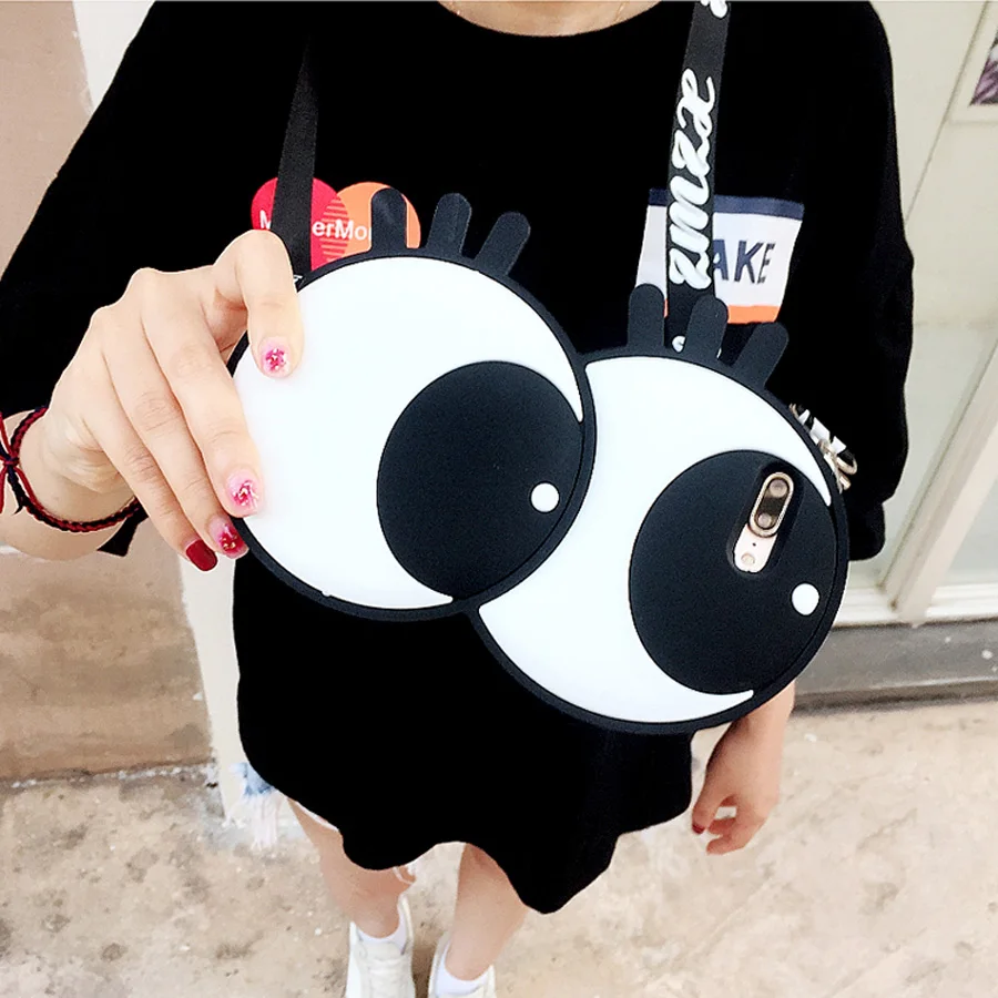 

For iphone XS MAX 6 6s X 8 7 plus case cover fashion cute 3d eyes with shoulder strap soft silicone shockproof protective shell