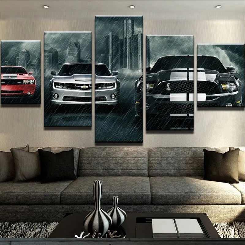 Waliicorners Wall Canvas Art Print Painting Poster Wall Picture For Home Decoration Painting Kids Room 5 Piece The Car In The Rain 4