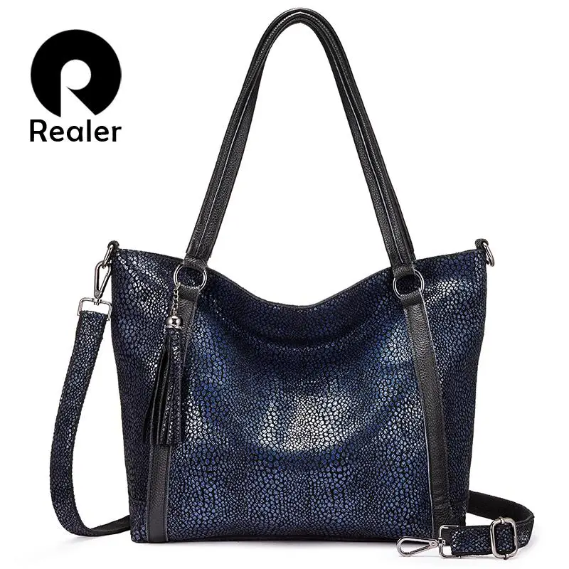 

REALER genuine leather women shoulder bag female tassel handbags designer Hobo tote bags fashion ladies crossbody bags