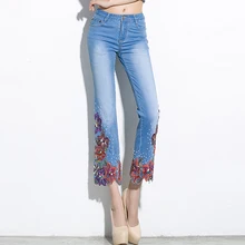 Осень весна дизайнер для женщин Цветочный бусины вышивка стрейч джинсовые брюки, женские летние бисер джинсы для брюки девоче