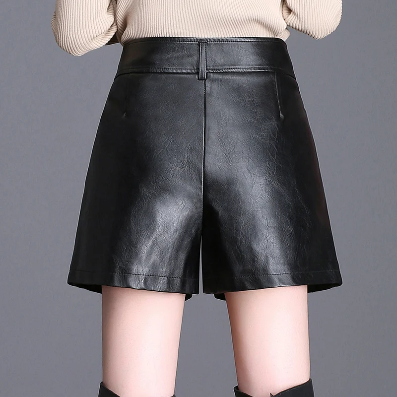 SHINYMORA 2018 Новые ПУ шорты для женщин для Высокая талия линия свободные кожаные шорты высокое качество элегантный повседневное лидер