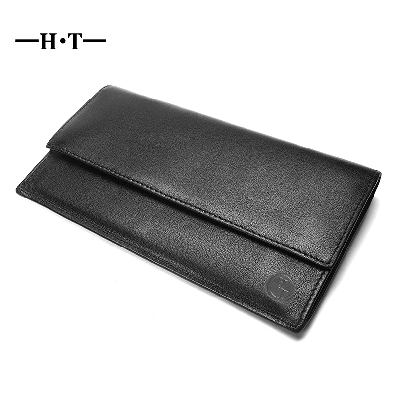 

HT Bifold Wallet Black Long Design Men Purses Genuine Leather Wallets ID Card Holders Business Vintage Style Cell Phone Pockets