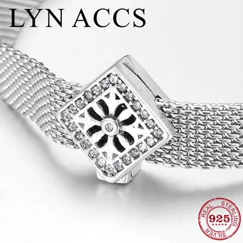 

925 Sterling Silver openwork flower Clear Zircon Square Clips beads Jewelry making Fit Original reflection Charm Clip Bracelet