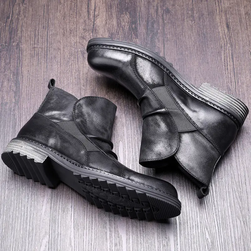 Повторно! Мужские ботинки «Челси» из натуральной кожи со складками, ботинки «Мартенс» в стиле ретро, Мужская зимняя обувь - Цвет: Black