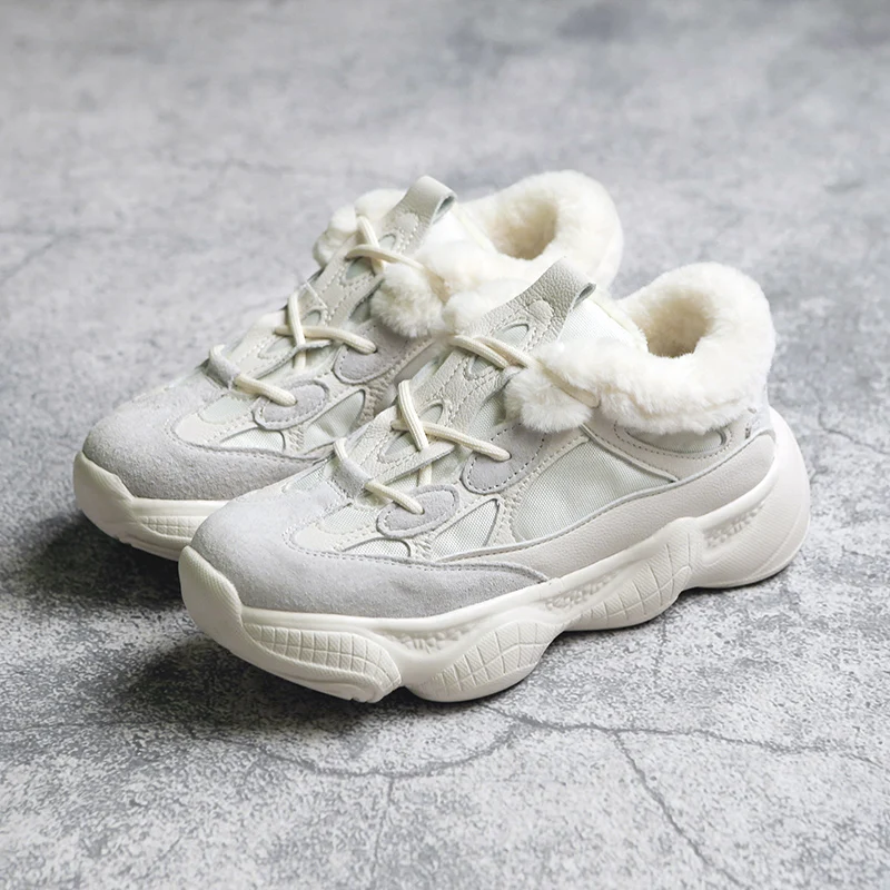 

2018 New Trending Winter New Women Sneakers Fur Lined Solid Color Thick Heel Anti-slip Woman Winter Shoe Fashion Style 35-39